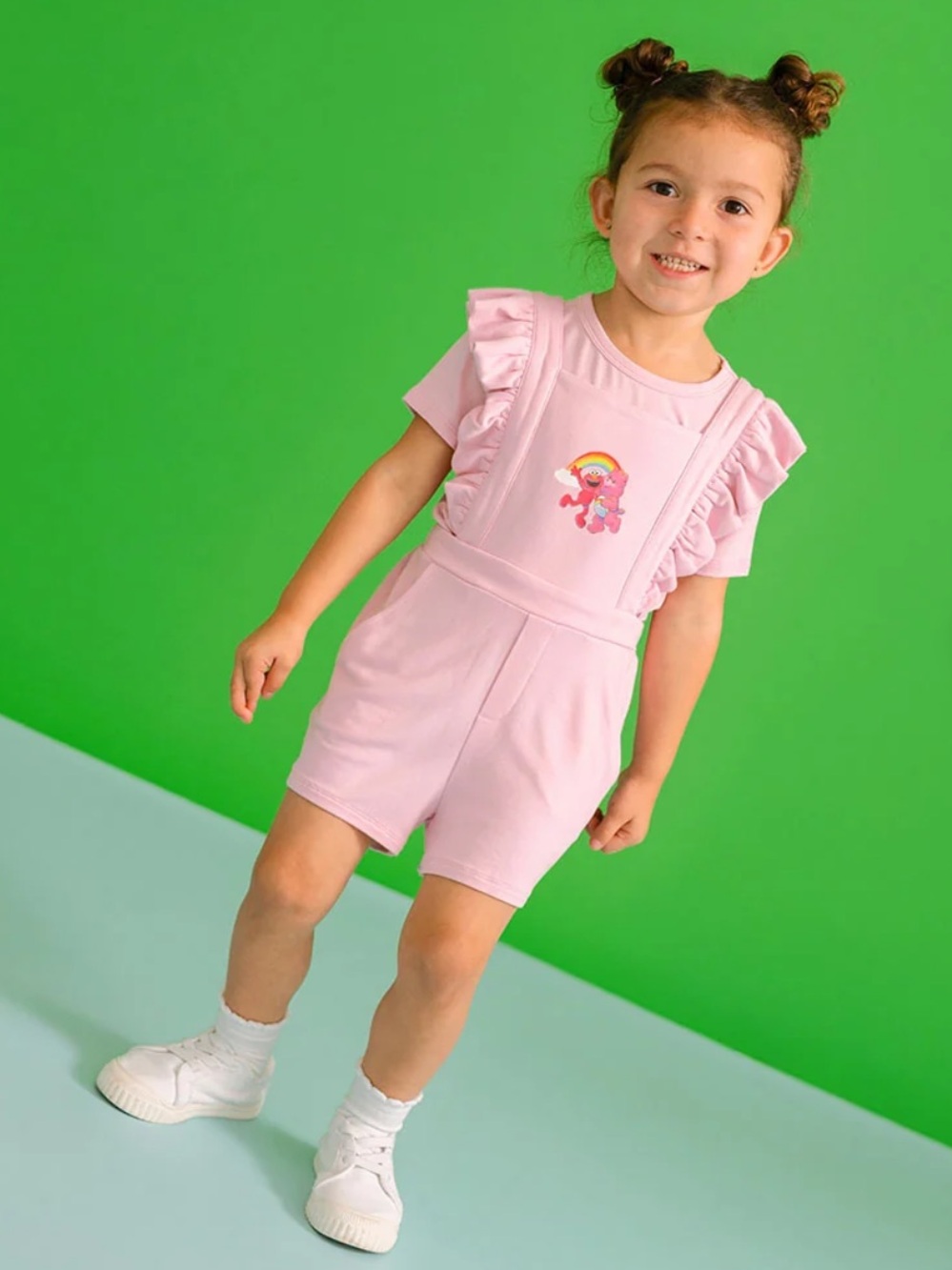 Posh Peanut Care Bears Light Pink French Terry Ruffle Strap Short Romper